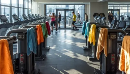 Fitness center with workout equipment and towels managed through a laundry delivery app for regular cleaning and fresh linen supply.