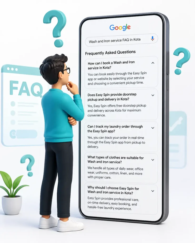 Person searching Wash and Iron service FAQs on mobile with Easy Spin laundry information