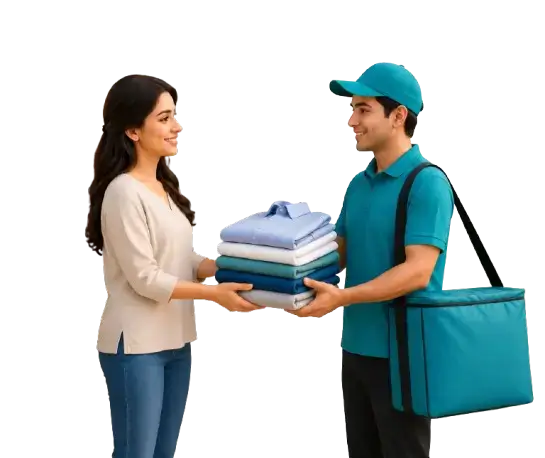 Happy customer receiving freshly cleaned clothes from Easy Spin laundry service